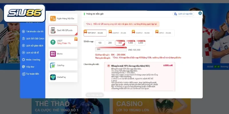 Quy trình nạp tiền SIU86 dành cho người mới